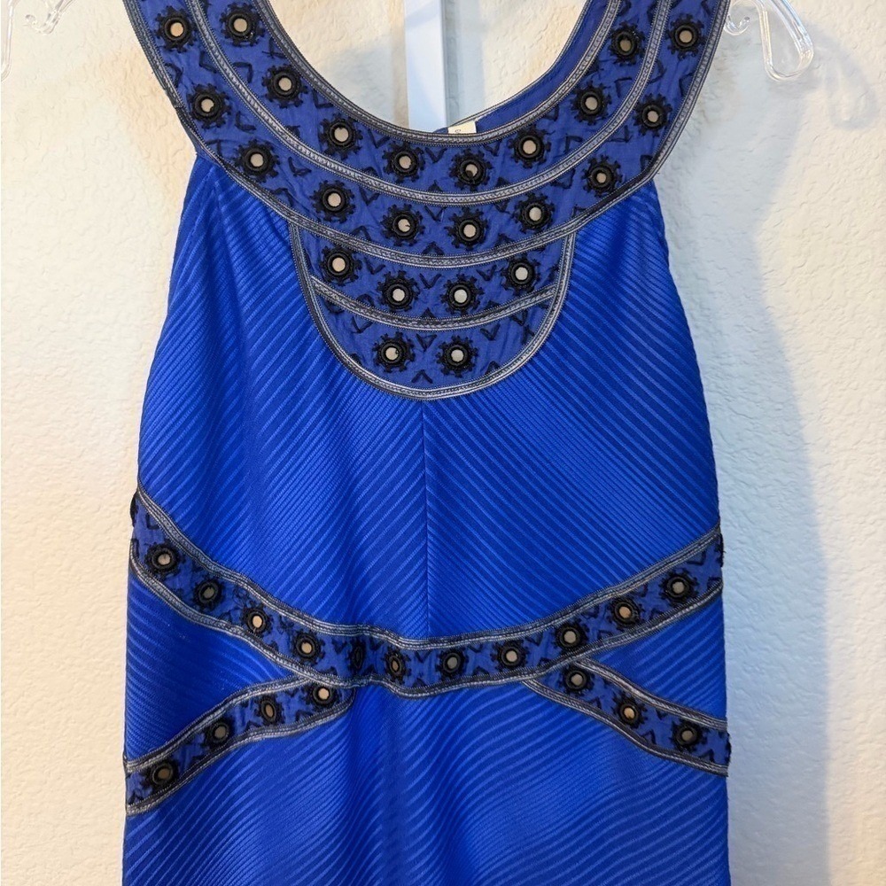 Free People Royal Blue Embroidered Bib Chevron Textured Mini Dress Size Small - Picture 3 of 6